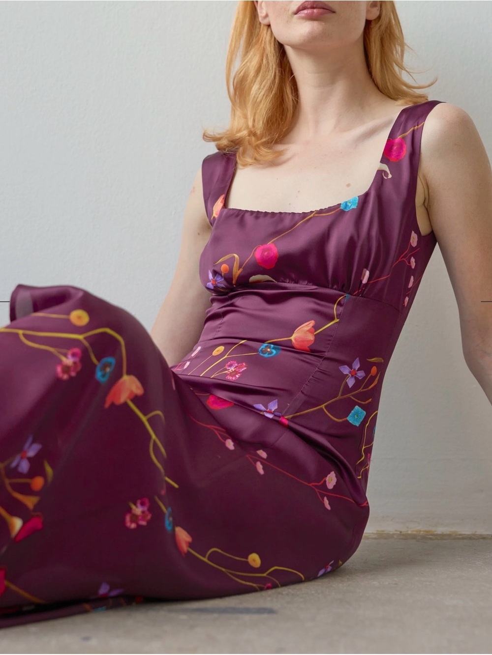 OhSevenDays Carolina Square Neck Floral Slip Burgundy Midi Dress Size Small - Picture 2 of 11